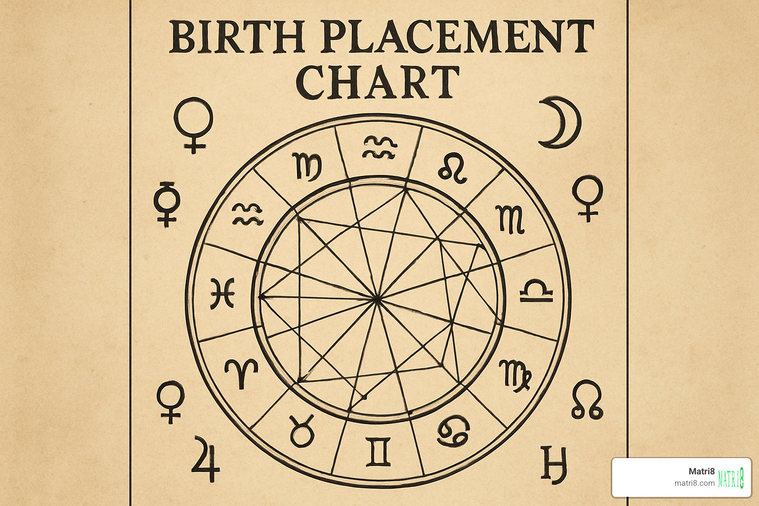 Astrological house wheel showing the 12 houses overlaid on zodiac signs with traditional meanings labeled for each house - birth placement chart