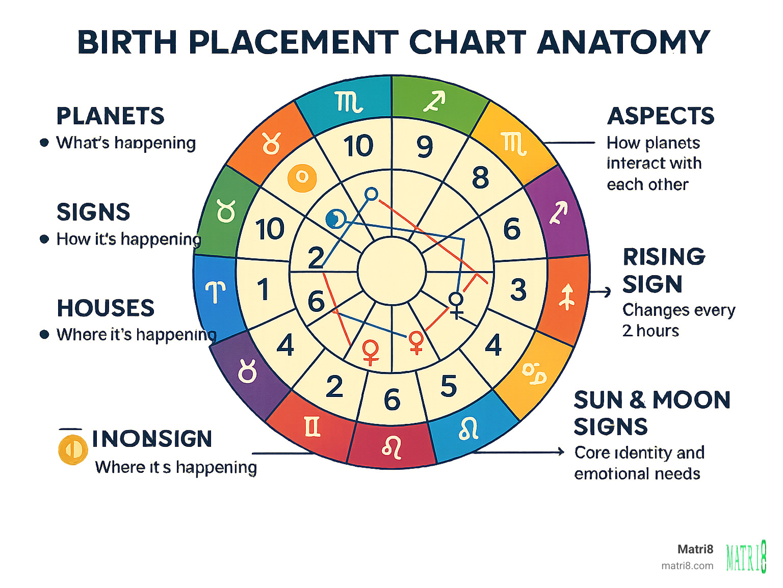 Detailed birth placement chart anatomy showing the 12 houses, zodiac signs, planetary positions, and aspect lines in a circular wheel format with explanatory labels for each component - birth placement chart infographic 