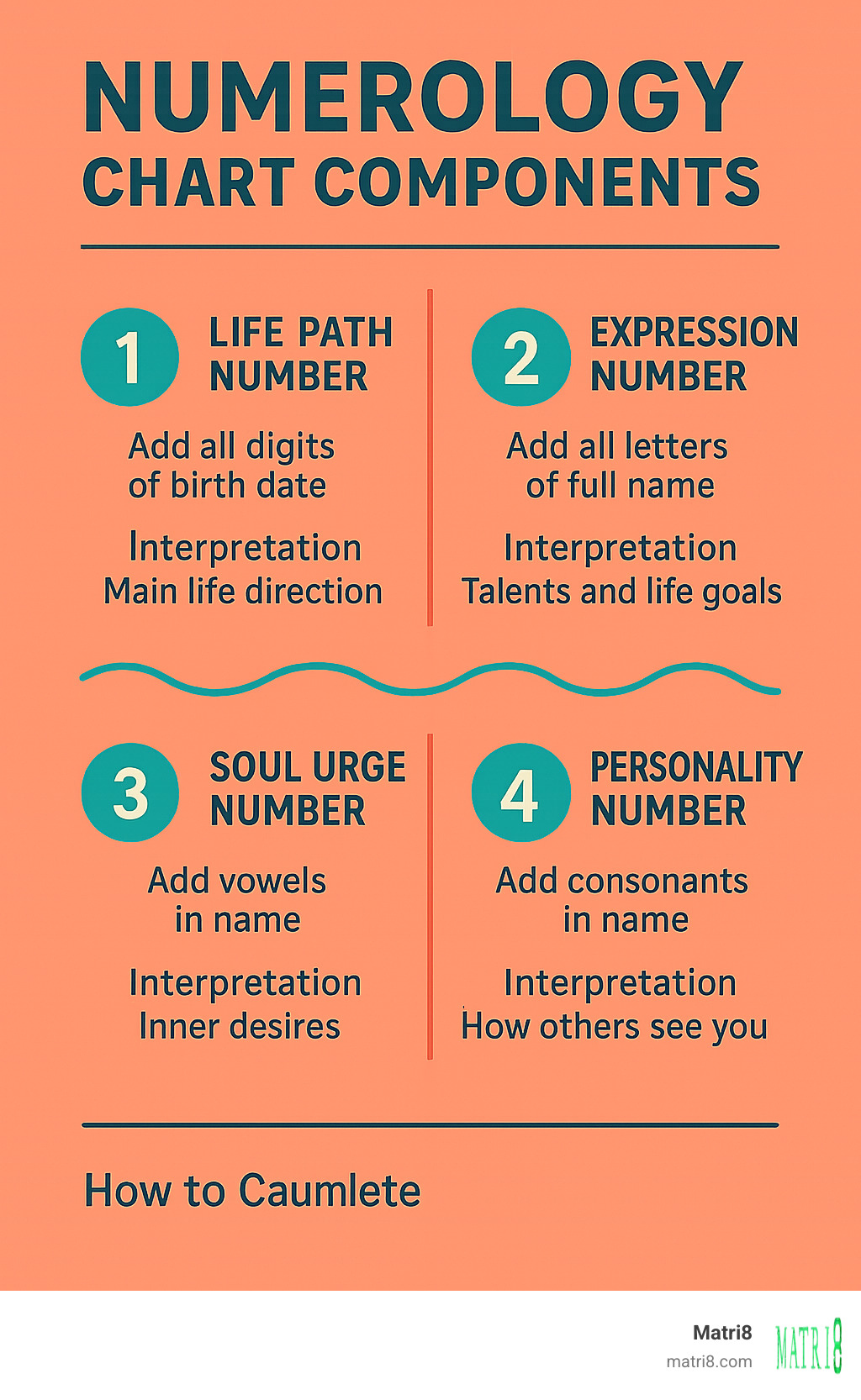 Detailed breakdown of numerology chart components showing Life Path, Expression, Soul Urge, and Personality numbers with calculation methods and interpretation guide - free numerology chart reading infographic 
