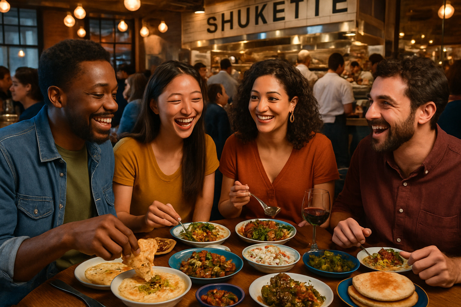 diners sharing plates at Shukette's communal tables - shukette