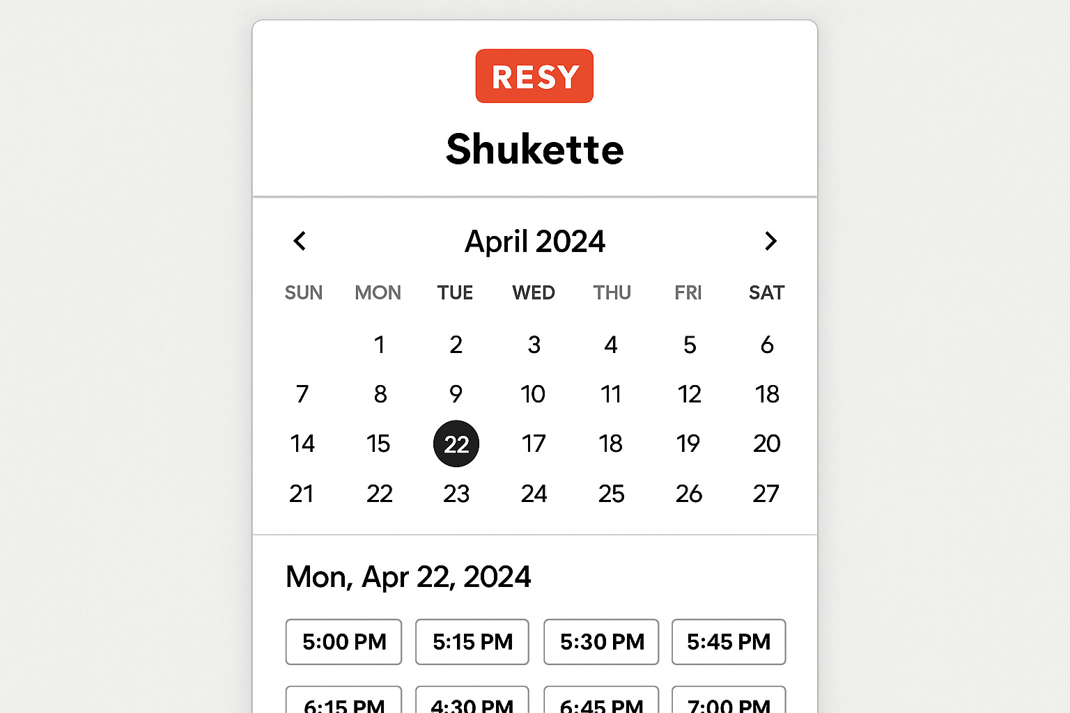screenshot of Resy reservation interface for Shukette - shukette