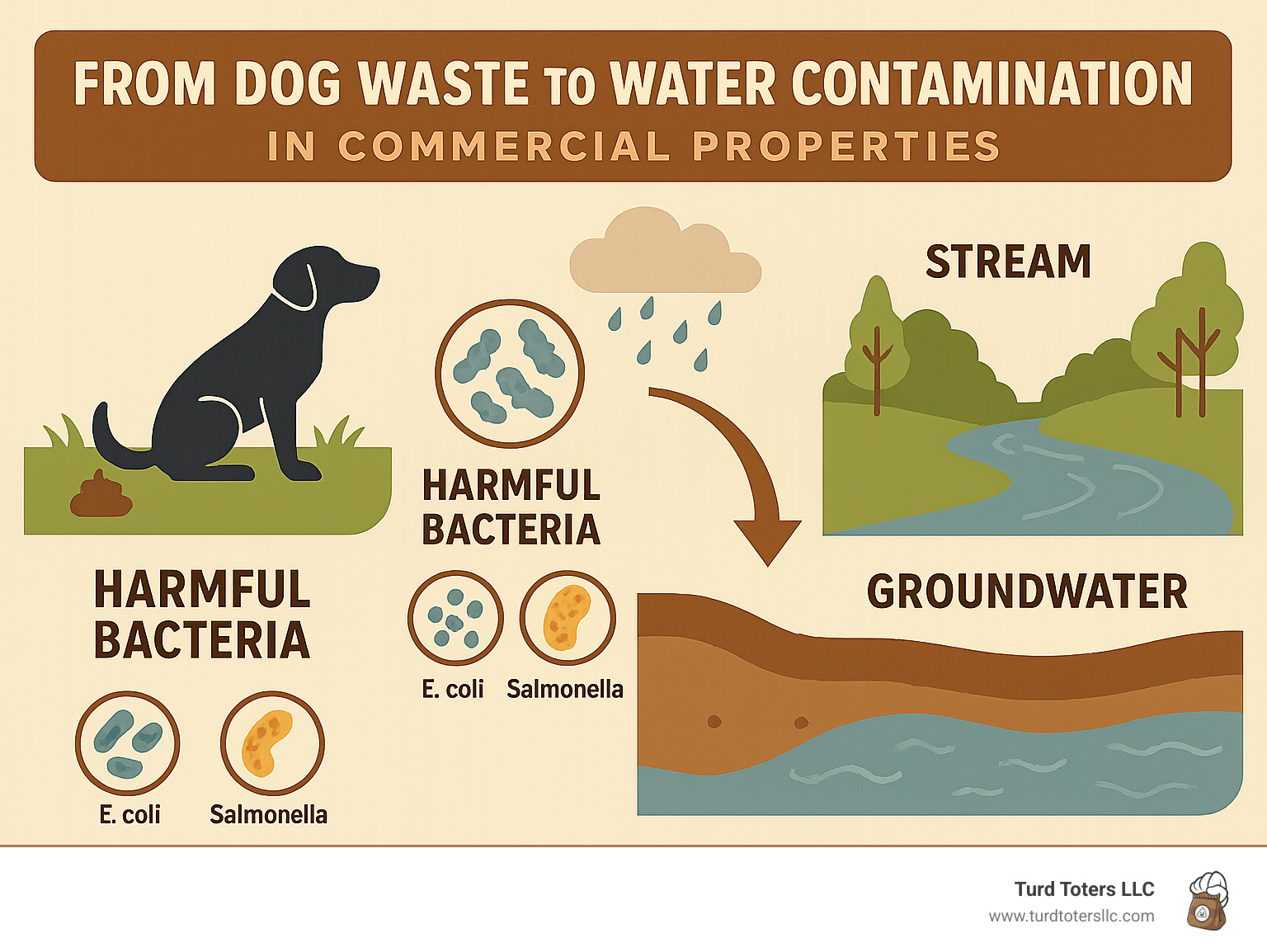 Infographic showing the pathway from dog waste in commercial properties to water contamination, including bacteria types, runoff patterns, and environmental impact on streams and groundwater - commercial dog waste removal infographic 