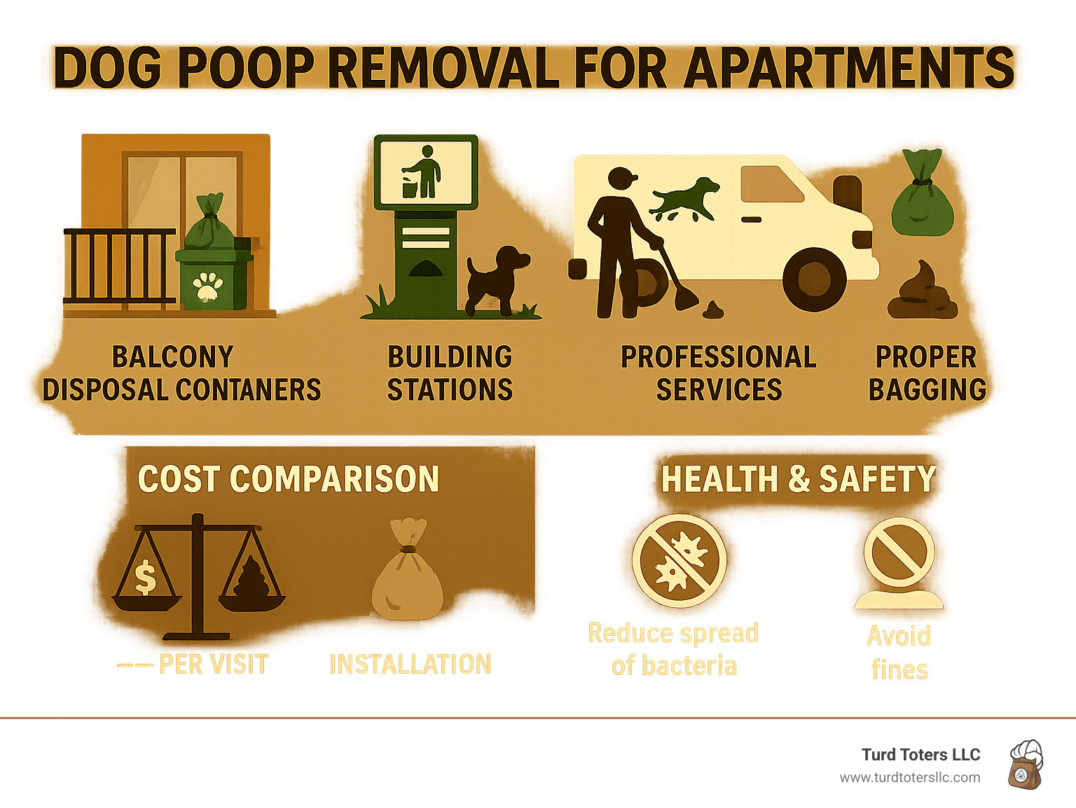 Infographic showing apartment dog waste disposal options from pickup to final disposal, including balcony containers, building stations, professional services, and proper bagging techniques with cost comparisons and health safety tips - dog poop removal for apartments infographic 