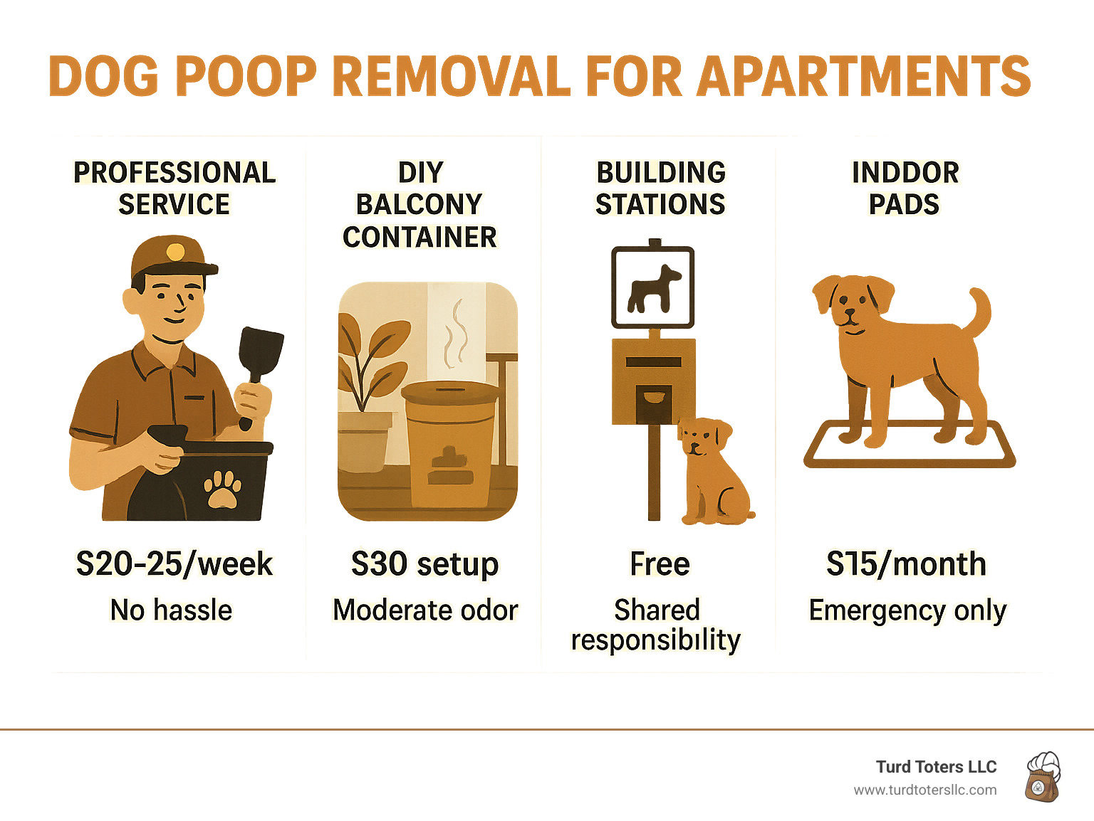 Comparison infographic showing disposal methods: professional service ($20-25/week, no hassle), DIY balcony container ($30 setup, moderate odor), building stations (free, shared responsibility), and indoor pads ($15/month, emergency only) - dog poop removal for apartments infographic 