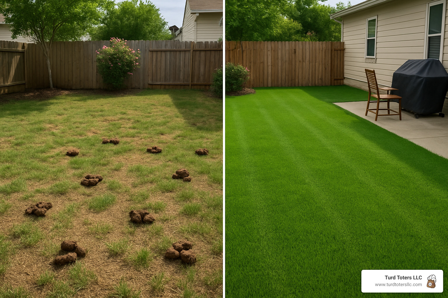 Before and after comparison showing a yard change from waste-covered to pristine clean lawn - professional dog poop pickup