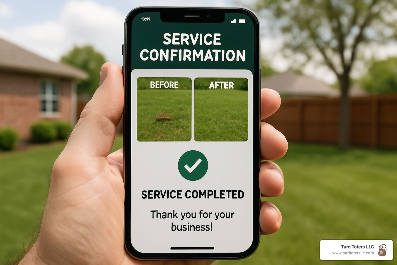 Phone displaying service confirmation with before/after photos and completion notification - professional dog poop pickup