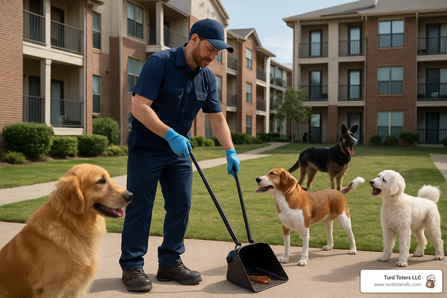 Professional technician cleaning waste at an apartment complex with multiple dogs - professional dog poop pickup