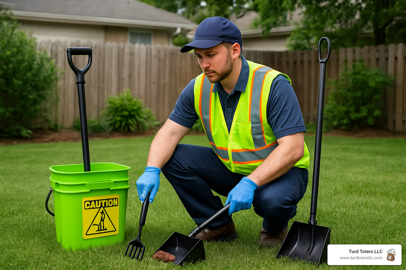 Professional dog waste management technician demonstrating proper cleanup techniques and safety equipment - dog waste management service