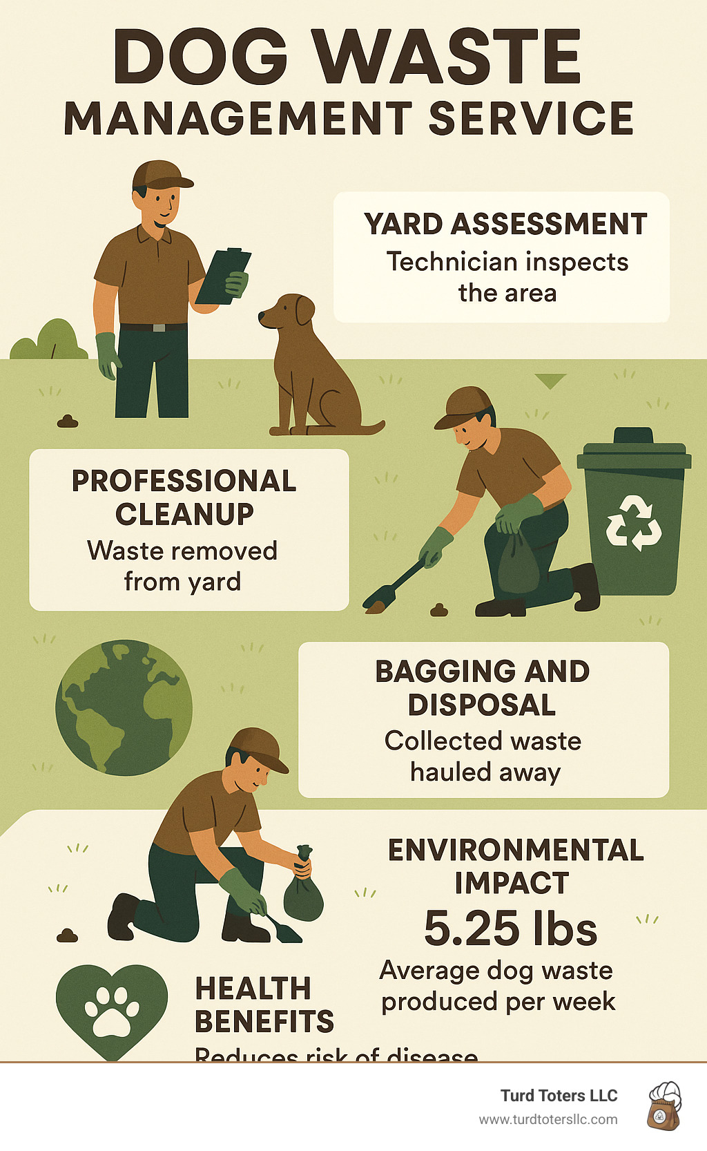 Infographic showing the complete dog waste management service process from initial yard assessment through professional cleanup, proper bagging and disposal, with environmental impact statistics and health benefits highlighted - dog waste management service infographic 
