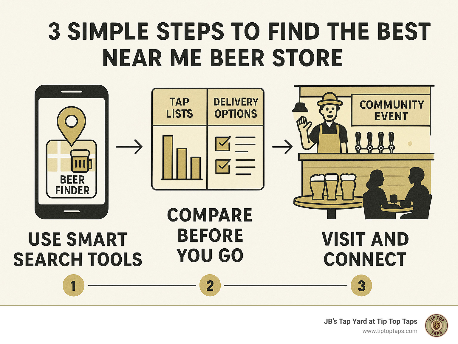 Infographic showing the 3-step process: Step 1 shows a smartphone with location pin and beer finder apps, Step 2 displays comparison charts with tap lists and delivery options, Step 3 illustrates a welcoming taproom with tasting flights and community events - near me beer store infographic 