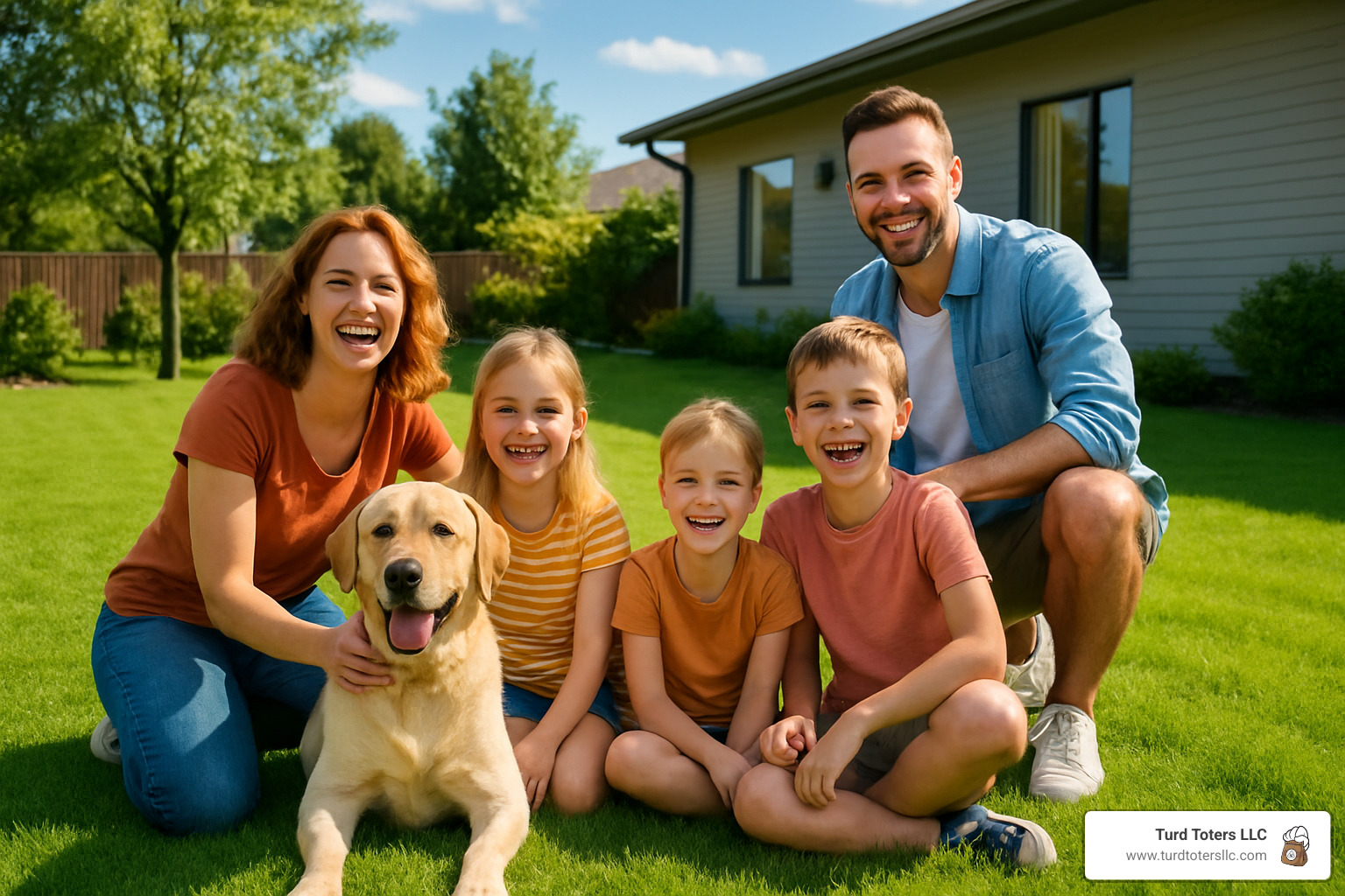 Happy family enjoying their clean, poop-free backyard with their dog - weekly dog poop removal