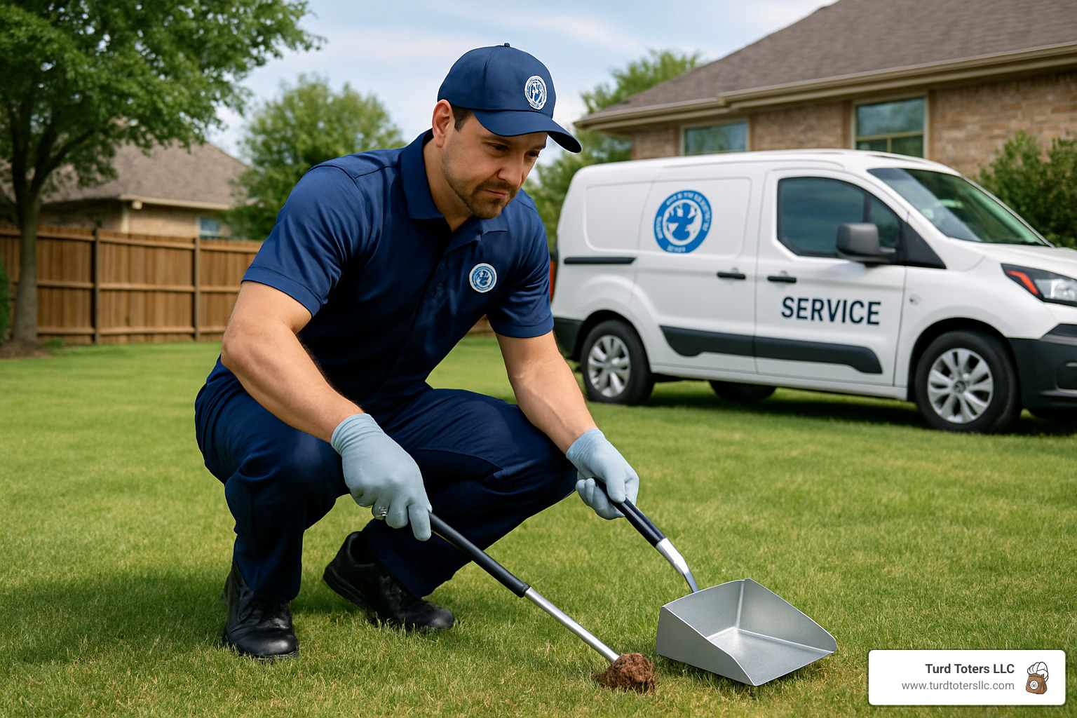 Professional technician in uniform scooping dog waste with sanitized tools - weekly dog poop removal