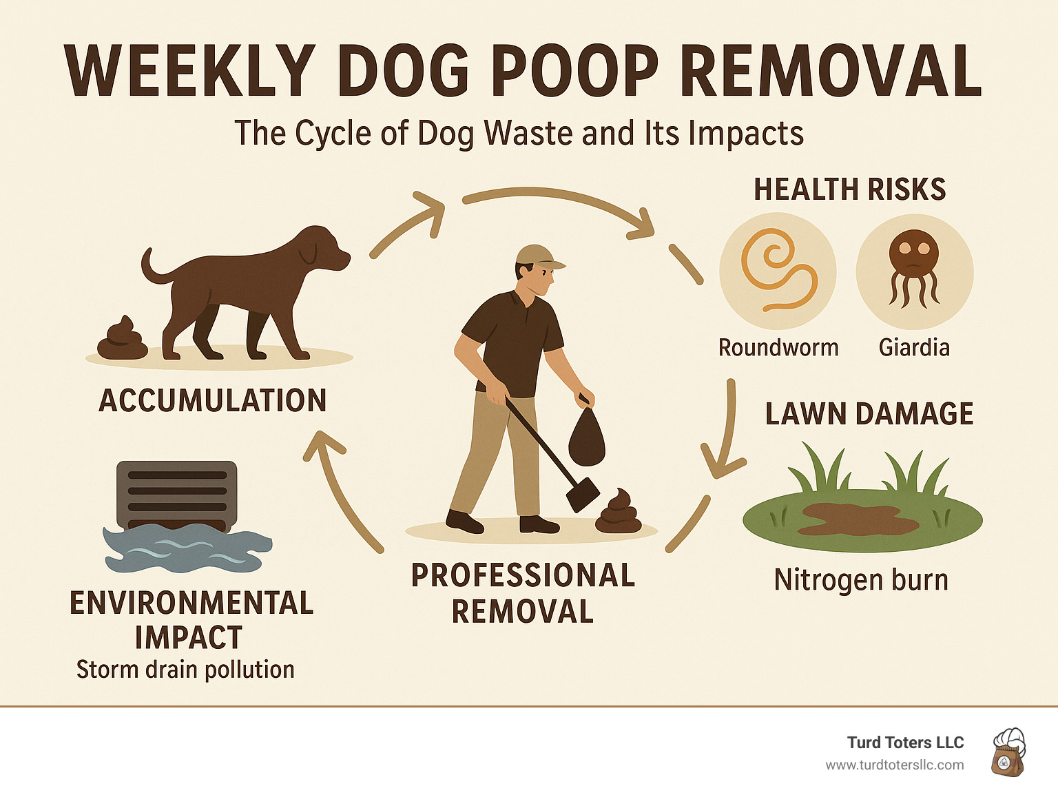 Infographic showing the weekly dog waste cycle from accumulation to professional removal, including health risks like roundworm and giardia parasites, lawn damage from nitrogen burn, and environmental impact through storm drain pollution - weekly dog poop removal infographic 