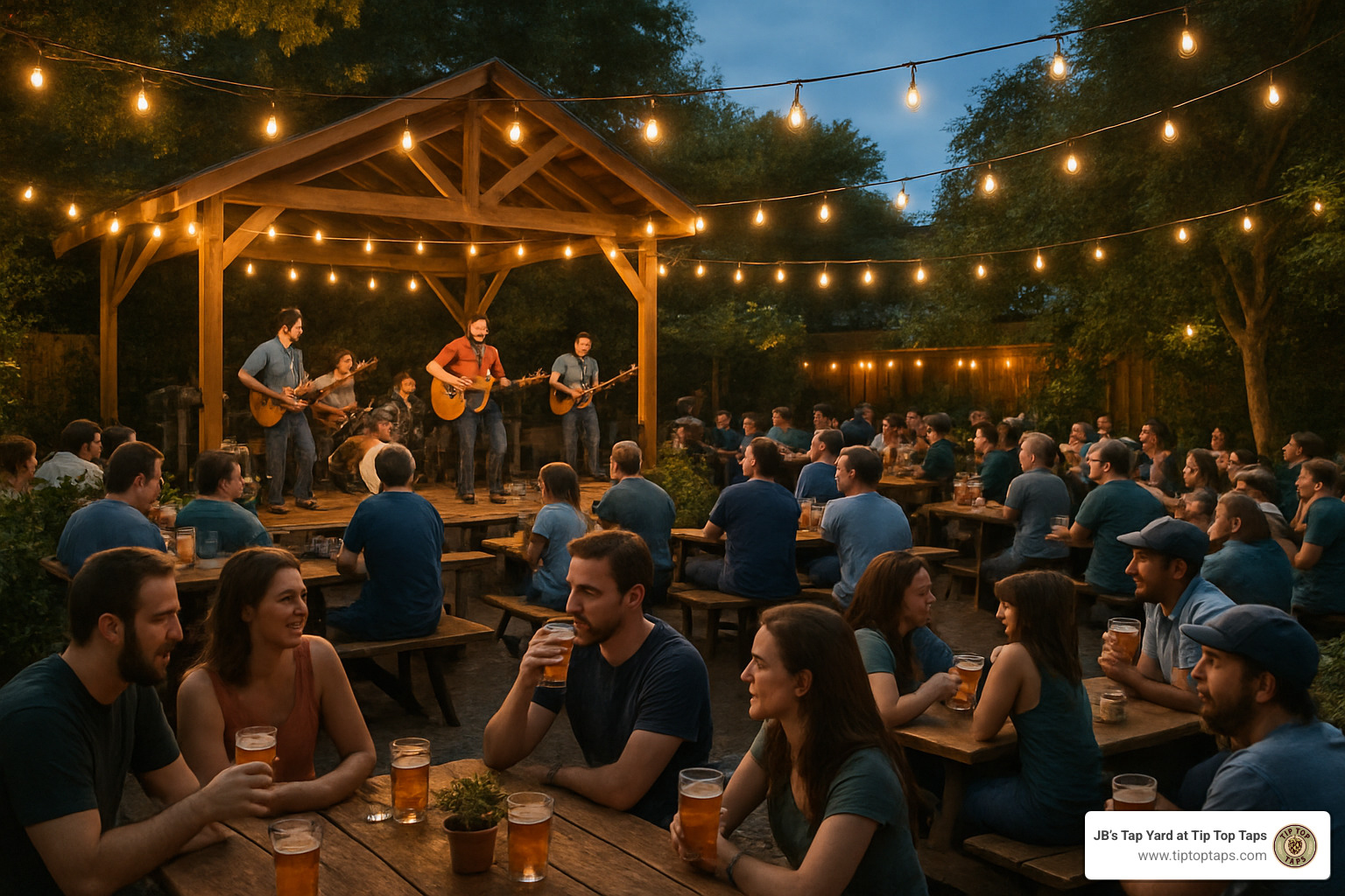 beer garden with live music stage and outdoor seating - craft beer close to me