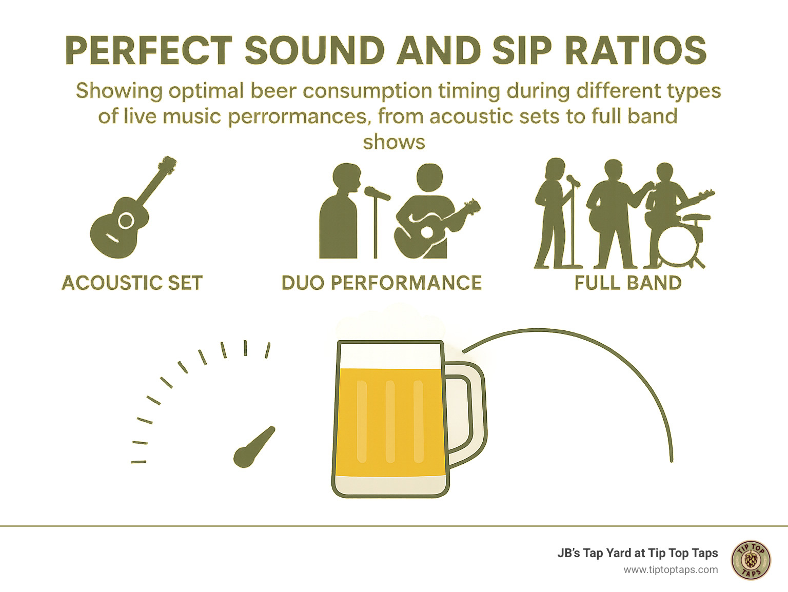 Perfect sound and sip ratios showing optimal beer consumption timing during different types of live music performances, from acoustic sets to full band shows - craft beer close to me infographic 