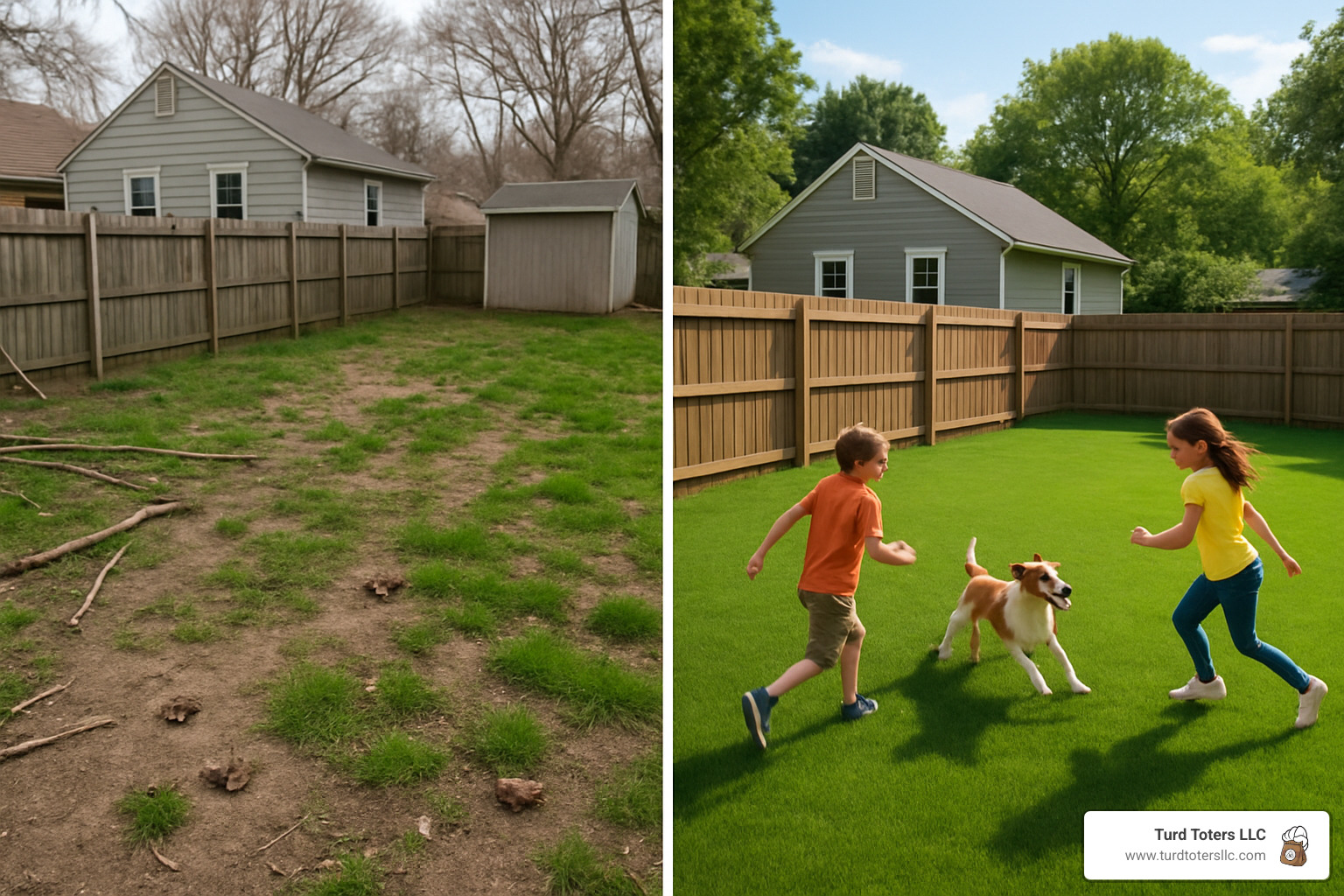 Before and after photos showing a neglected yard transformed into a clean, safe play area for children and pets - dog waste removal company
