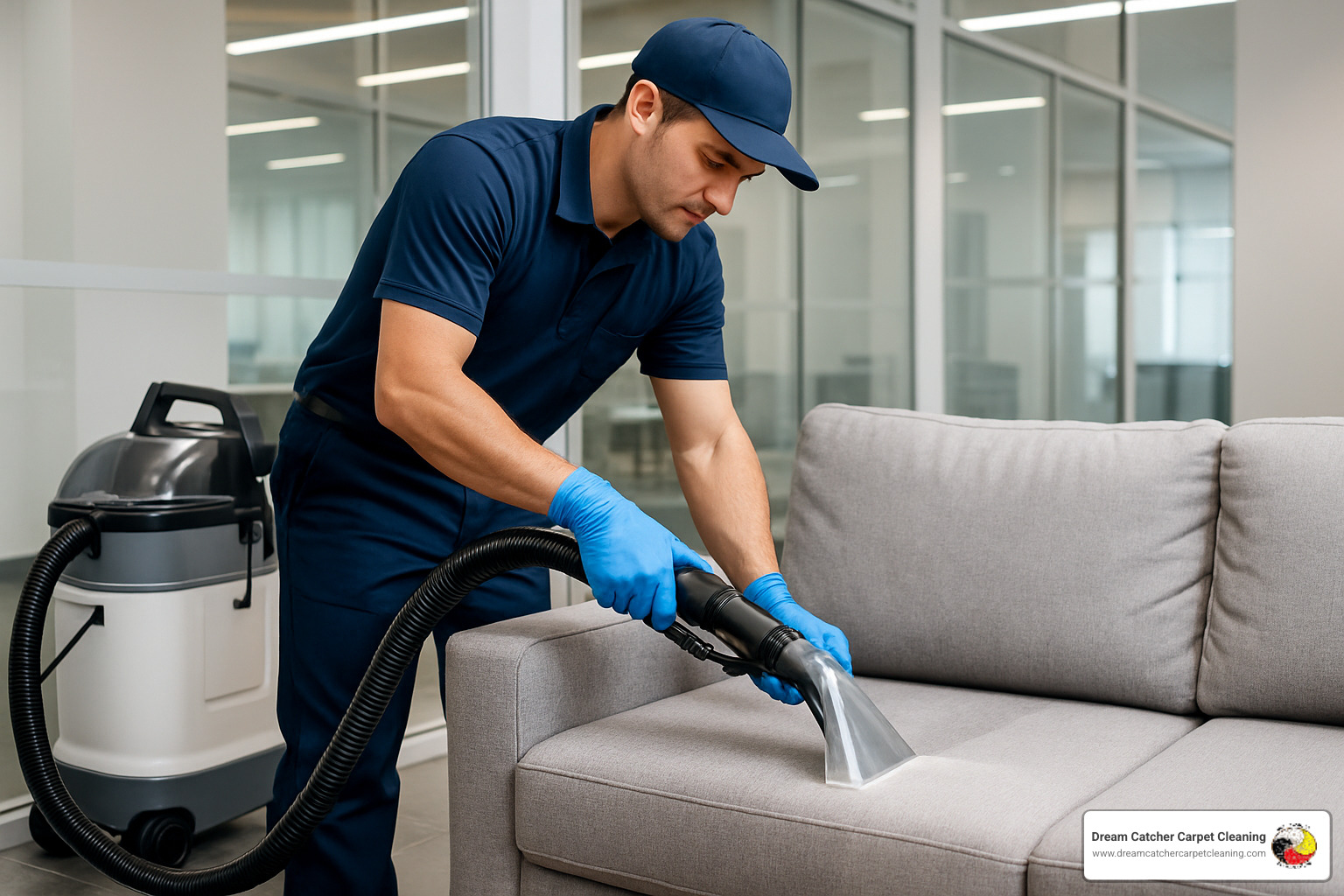 technician properly flushing cleaning hose with clear water - best commercial upholstery cleaner