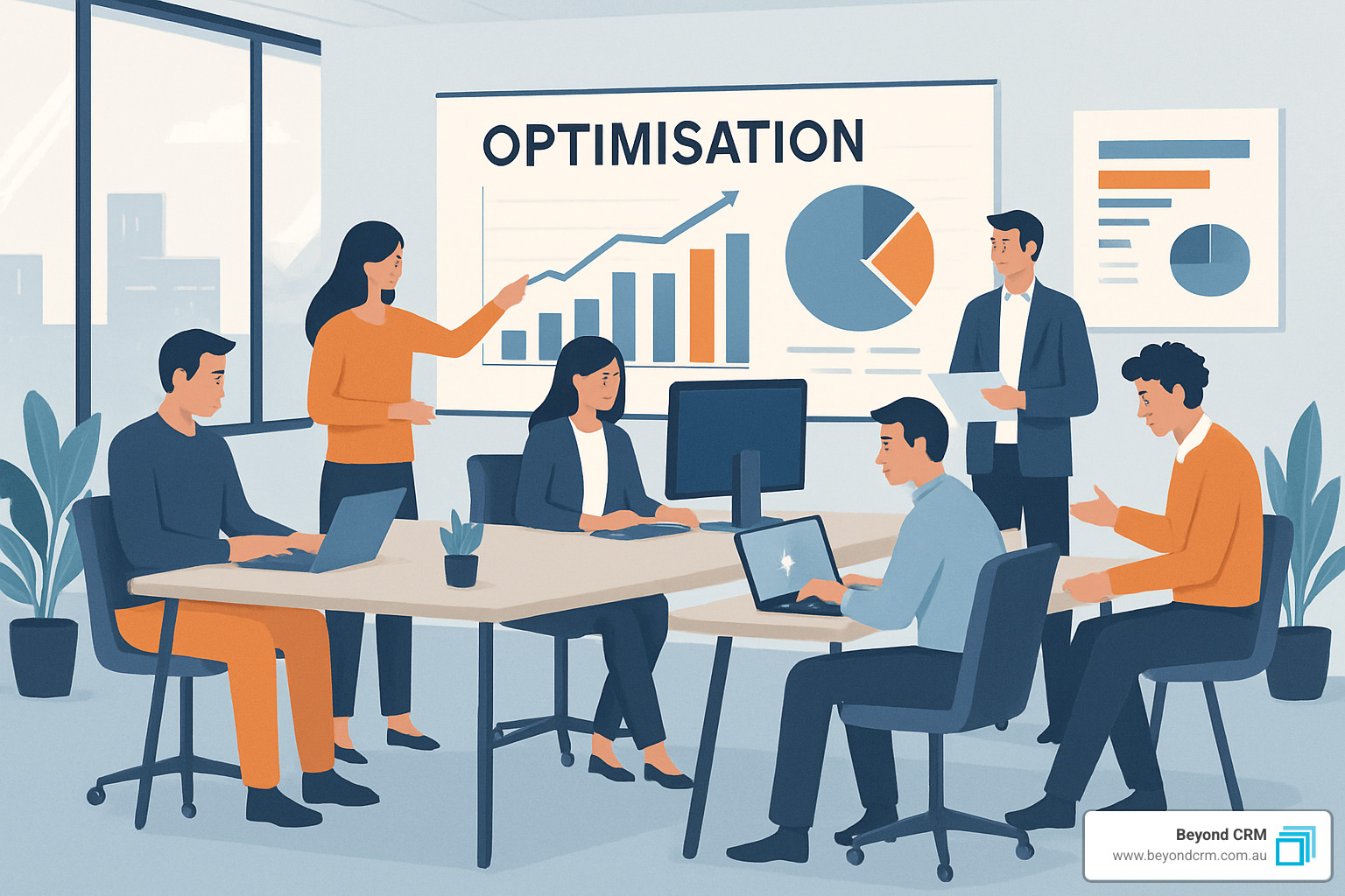 Comprehensive CRM implementation process showing six phases: business analysis and strategy, platform selection and design, system configuration and customisation, data migration and integration, user training and change management, and ongoing support and optimisation - CRM implementation experts infographic 