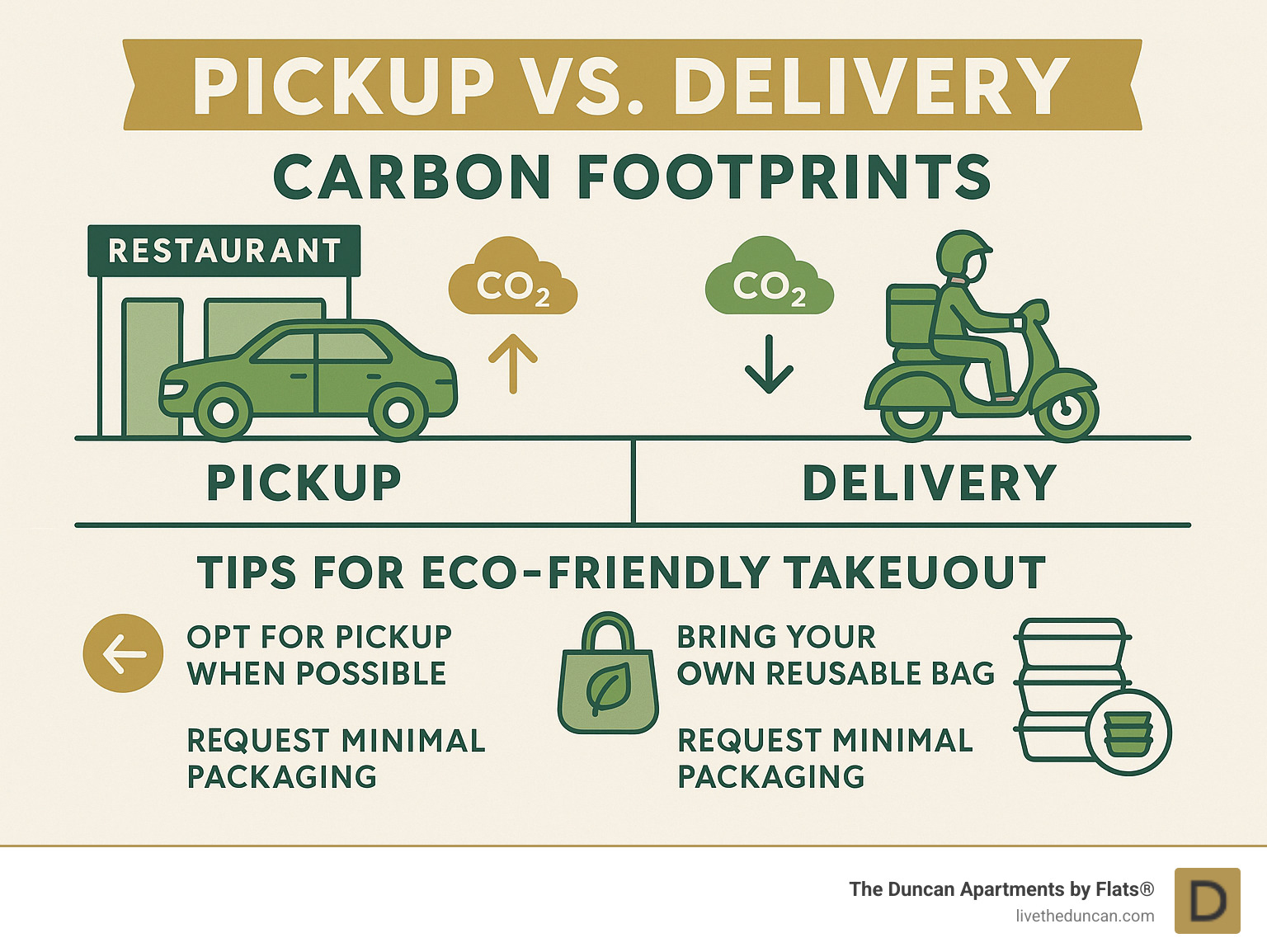 Infographic comparing pickup vs delivery carbon footprints, showing environmental impact of different ordering methods and tips for eco-friendly takeout choices - Chicago takeout options infographic 