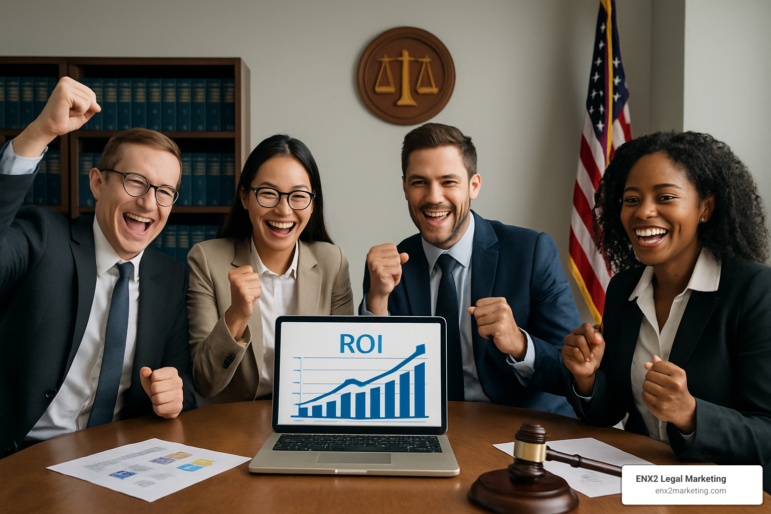 happy legal team celebrating improved ROI results - ppc advertising management services