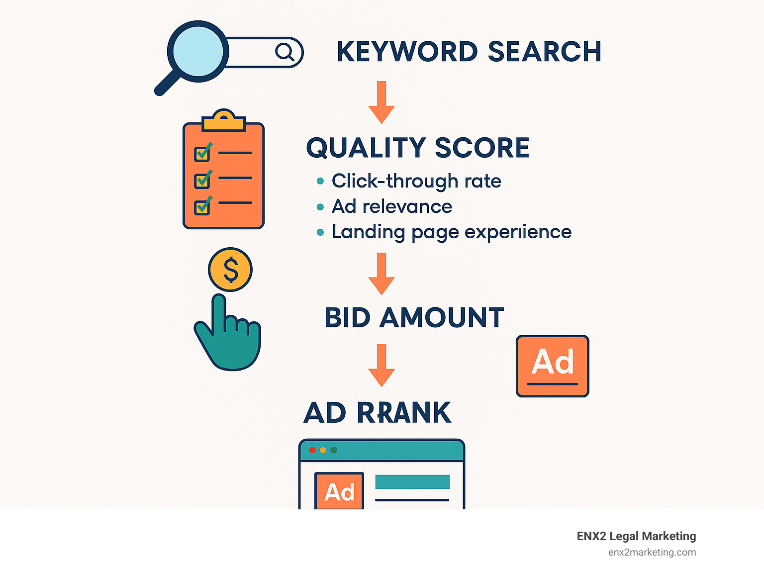 Detailed infographic showing PPC auction process from keyword search to ad display, including Quality Score factors, bid amounts, and ad ranking mechanics - ppc advertising management services infographic 