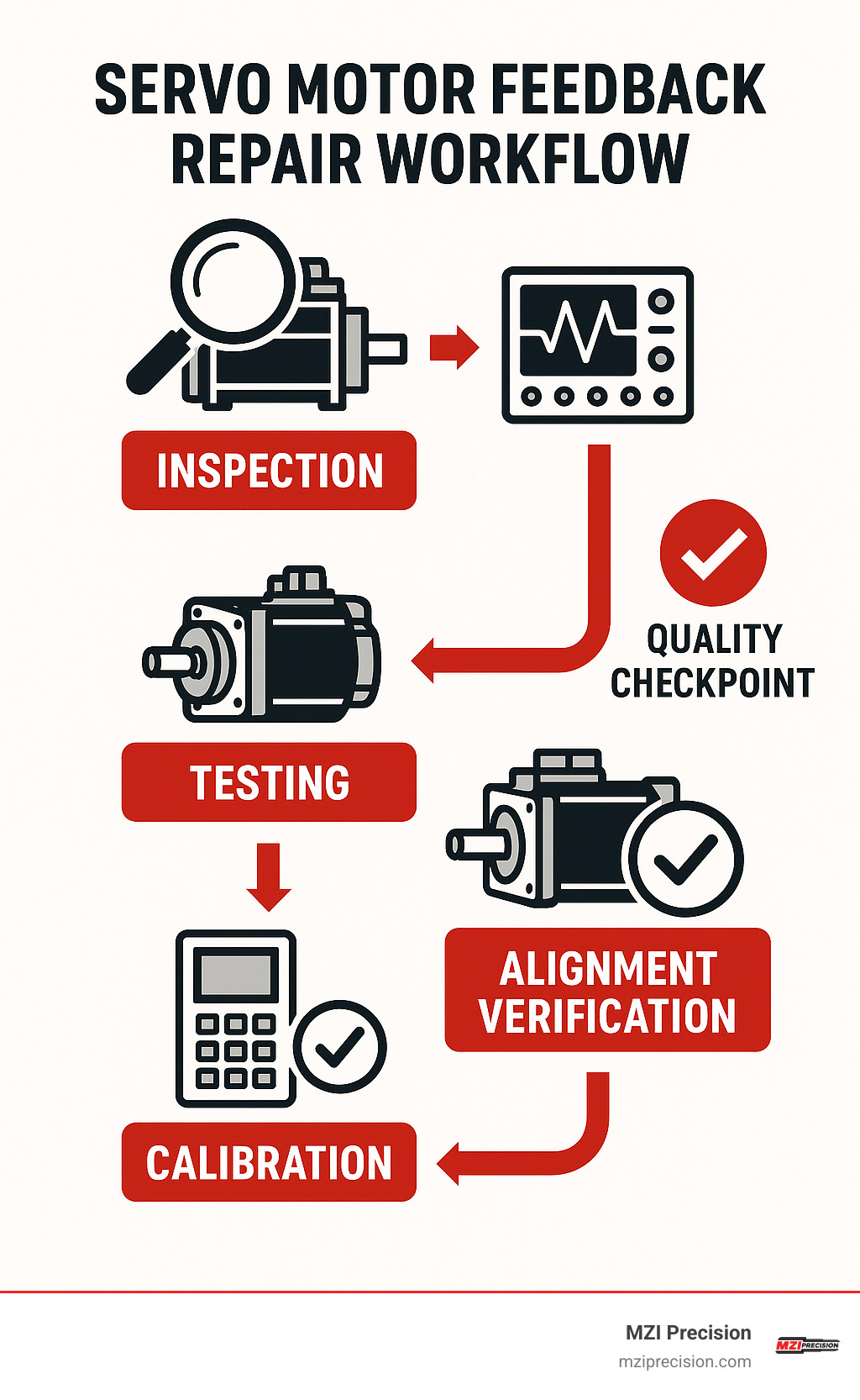 Servo motor feedback repair workflow showing inspection, testing, alignment verification, and calibration steps with diagnostic equipment and quality checkpoints - servo motor feedback repair infographic