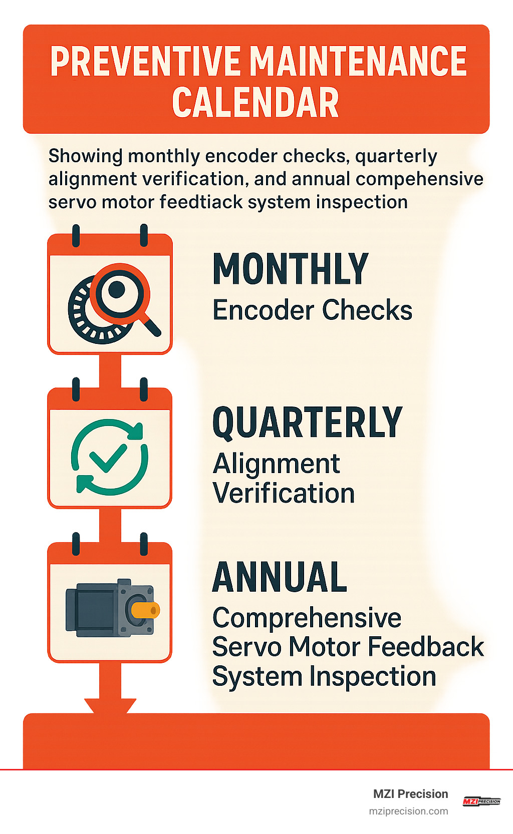 Preventive maintenance calendar showing monthly encoder checks, quarterly alignment verification, and annual comprehensive servo motor feedback system inspection - servo motor feedback repair infographic