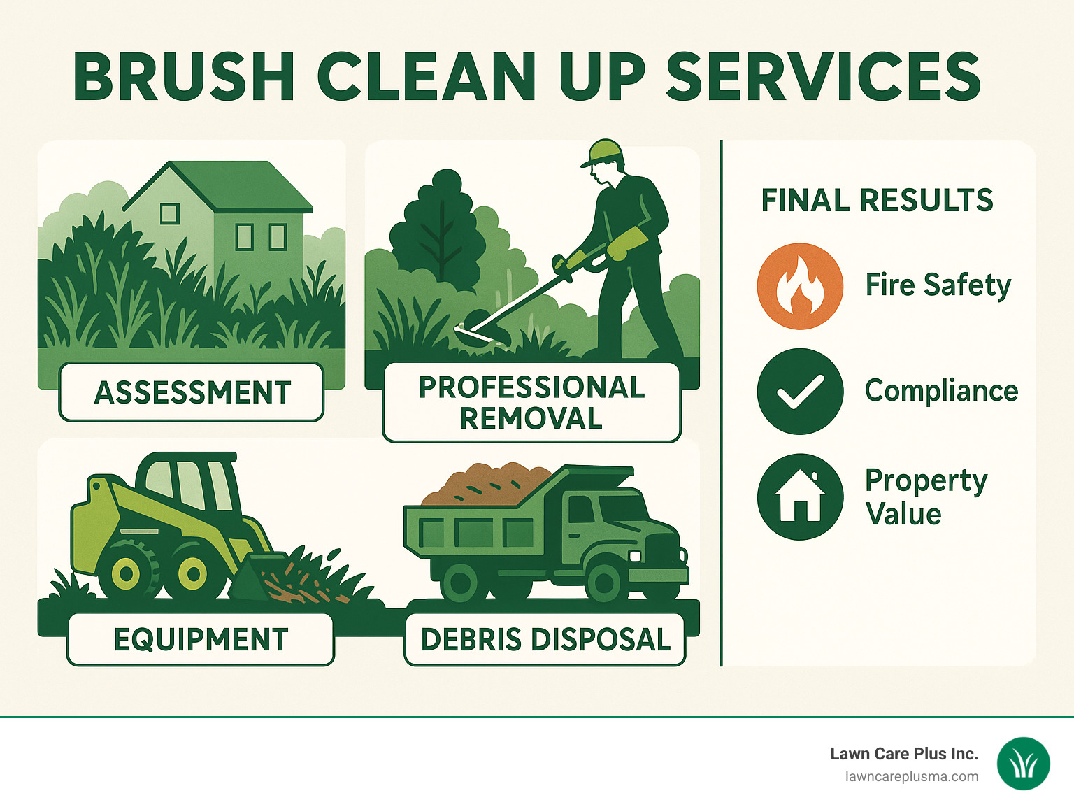 Comprehensive infographic showing the brush clean up process from overgrown property assessment through professional removal, equipment used, debris disposal methods, and final results including fire safety compliance, improved curb appeal, and property value increase - brush clean up services infographic 