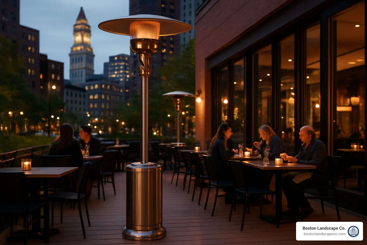 Portable patio heater on restaurant deck - Boston outdoor patios