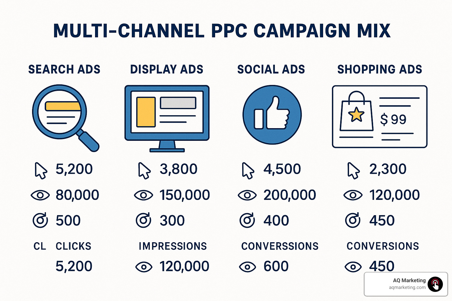 Multi-channel PPC campaign mix showing search, display, social, shopping, and remarketing campaign types with performance metrics for each - pay per click advertising firm