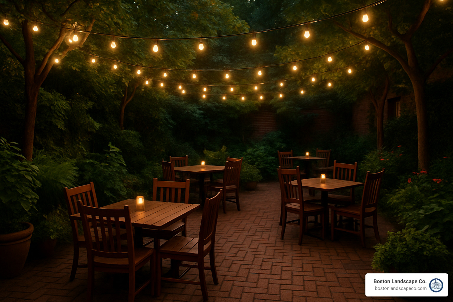 Garden patio with lush greenery and string lights - Boston outdoor patios