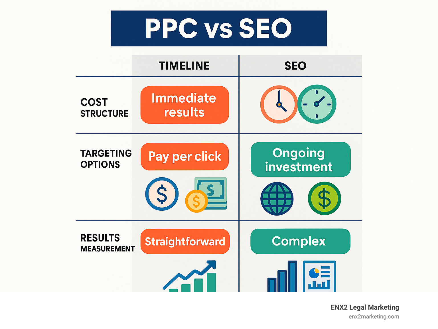 comprehensive comparison table showing PPC vs SEO differences in timeline, cost structure, targeting options, and results measurement - ppc advertising management services infographic 
