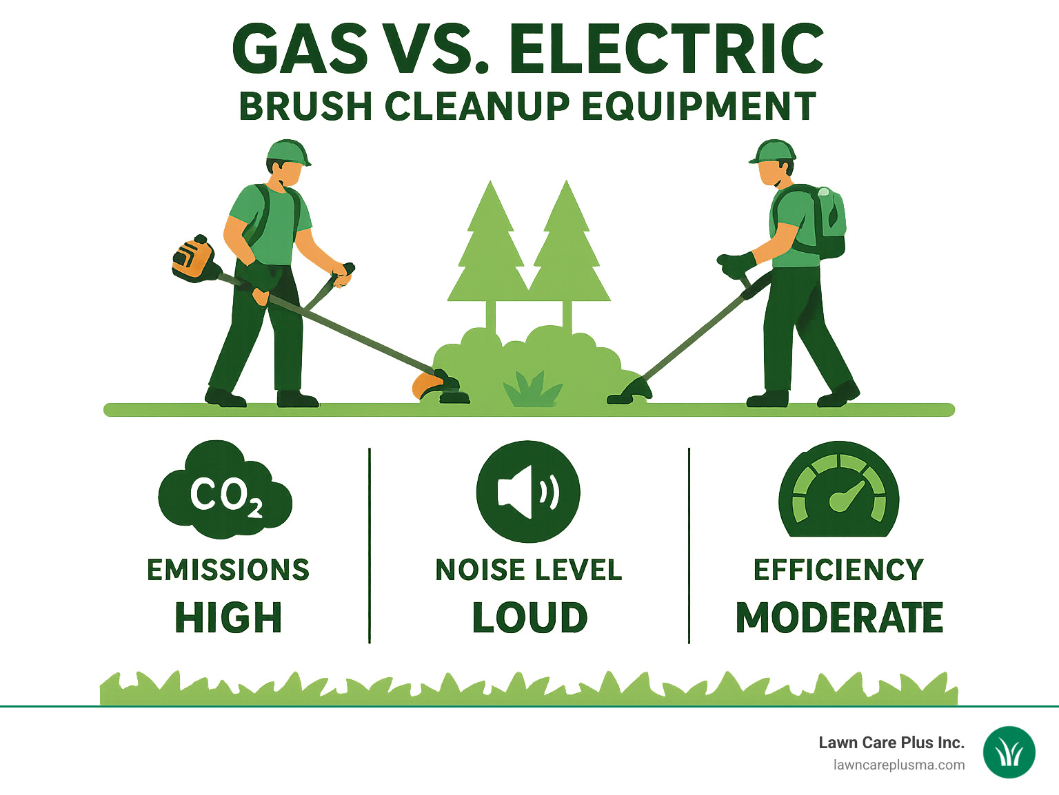 Comparison infographic showing environmental impact of gas vs electric equipment used in brush cleaning, including emissions data, noise levels, and efficiency ratings - brush clean up services infographic 