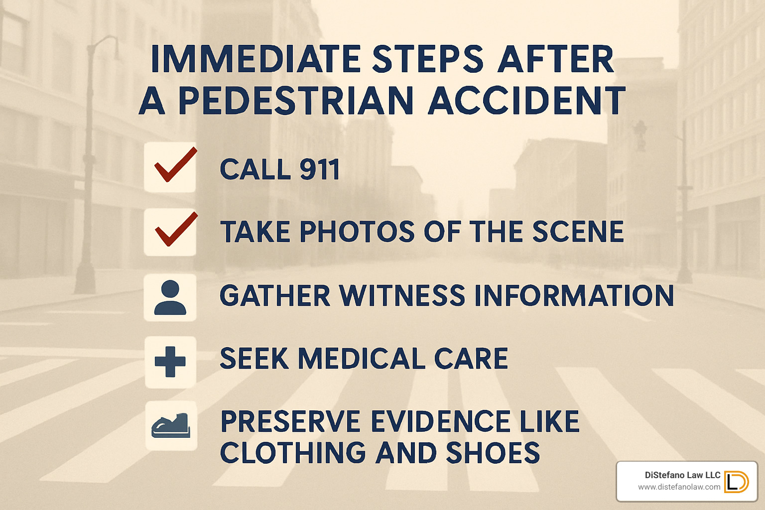 Checklist showing immediate post-accident steps including calling 911, taking photos, gathering witness information, seeking medical care, and preserving evidence - Fort Lauderdale pedestrian accident lawyer