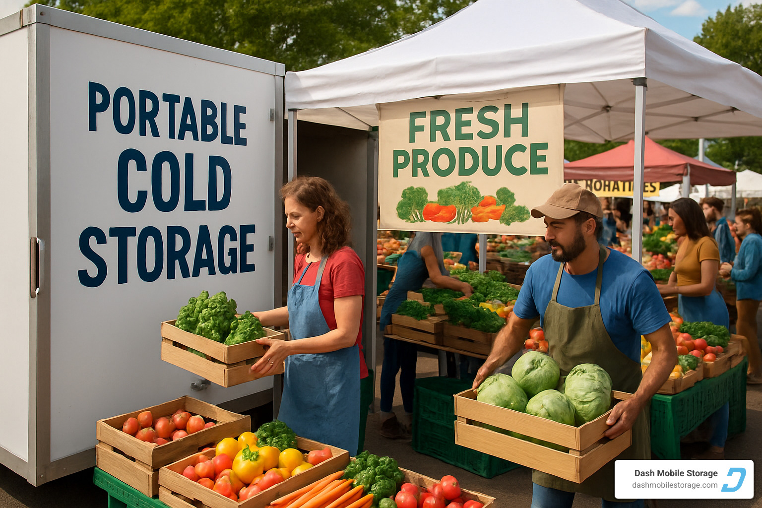 portable cold storage unit at outdoor farmers market with vendors accessing fresh produce - portable cold storage