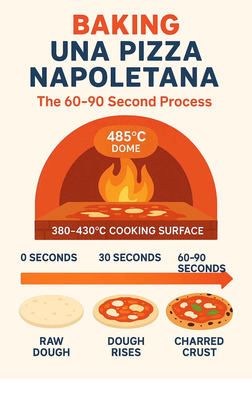 Infographic showing the 60-90 second baking process of una pizza napoletana in a wood-fired oven, displaying temperature zones from 485°C dome to 380-430°C cooking surface, with visual timeline of dough change and crust development - una pizza napoletana infographic Infographic showing the 60-90 second baking process of una pizza napoletana in a wood-fired oven, displaying temperature zones from 485°C dome to 380-430°C cooking surface, with visual timeline of dough change and crust development - una pizza napoletana infographic