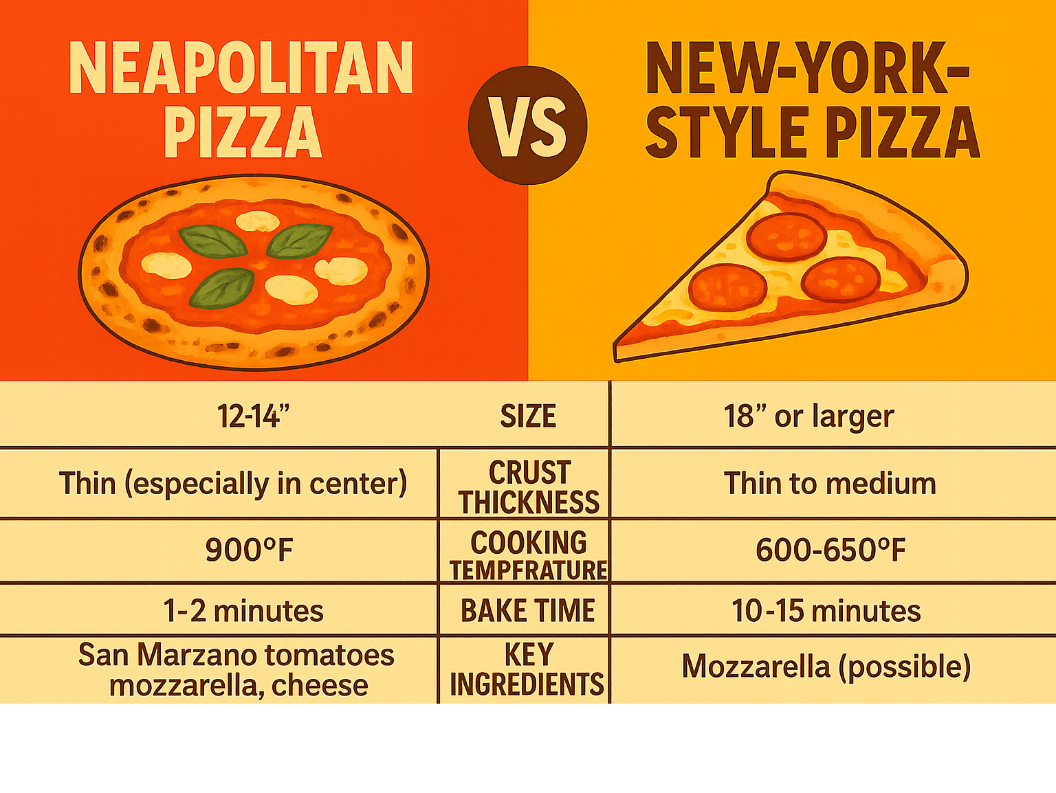 Comparison infographic showing Neapolitan pizza versus New York style pizza, highlighting differences in size, crust thickness, cooking temperature, bake time, and key ingredients - una pizza napoletana infographic Comparison infographic showing Neapolitan pizza versus New York style pizza, highlighting differences in size, crust thickness, cooking temperature, bake time, and key ingredients - una pizza napoletana infographic
