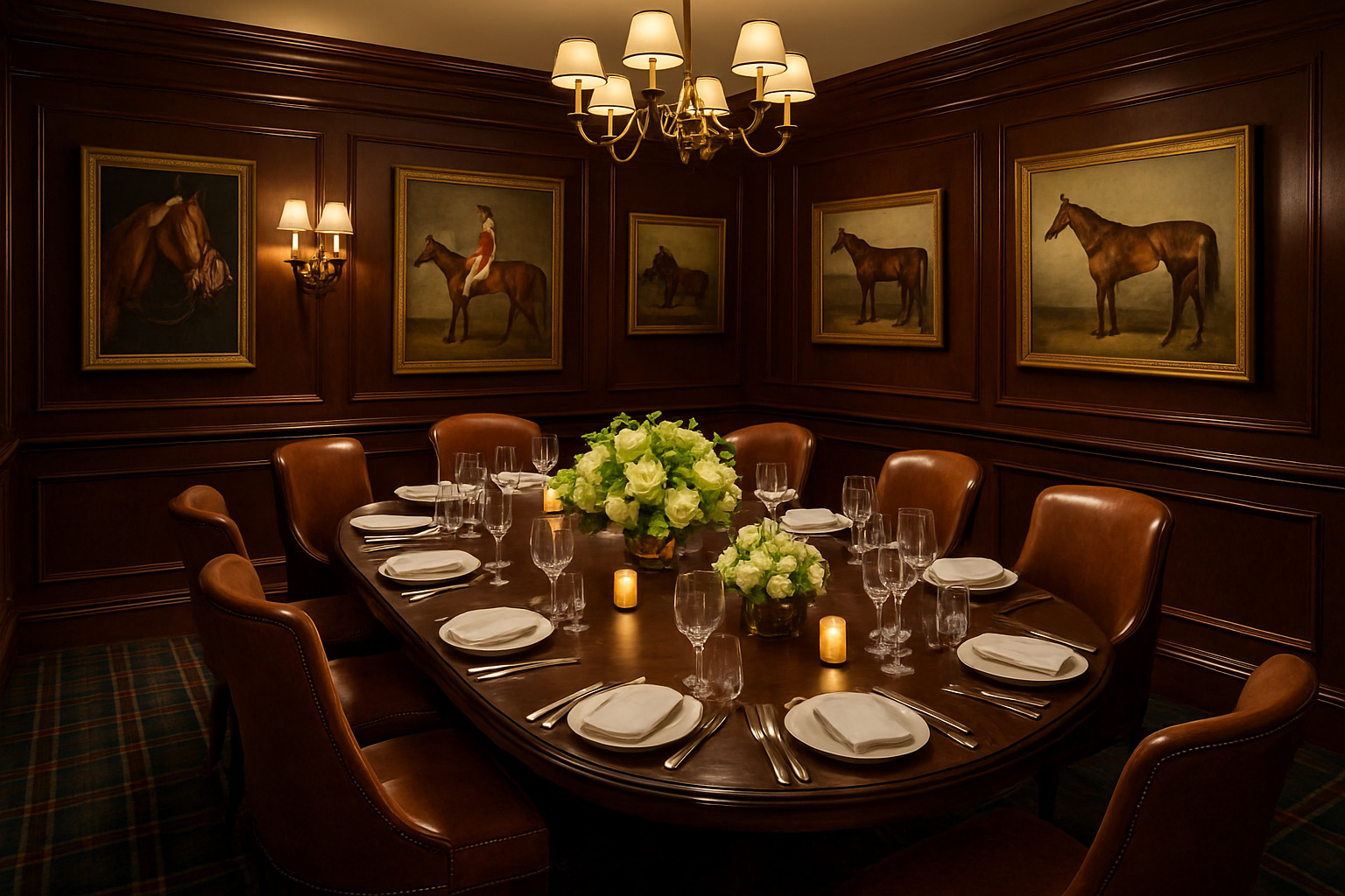 private Equestrian Room with custom table settings and equestrian artwork - polo bar nyc