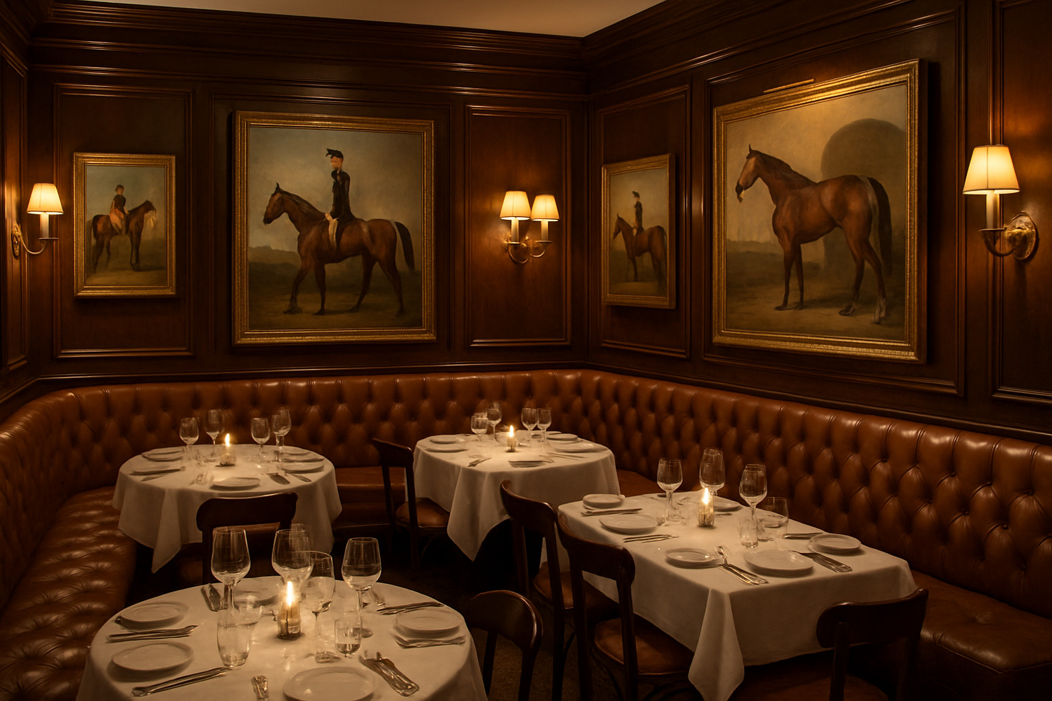 downstairs dining room with mahogany paneling and equestrian artwork - polo bar nyc