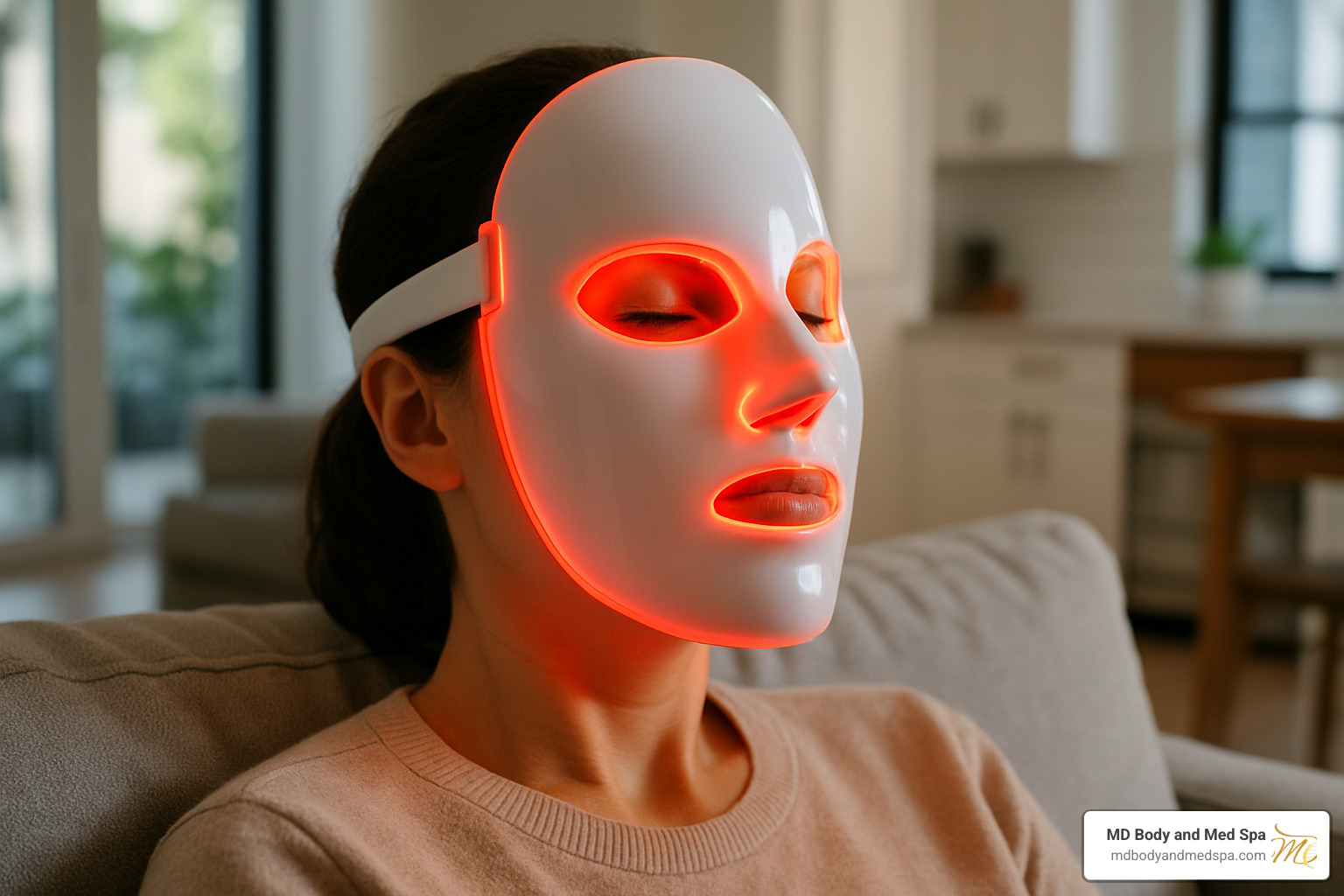 LED mask in use showing red light therapy treatment - rejuvenating skin care