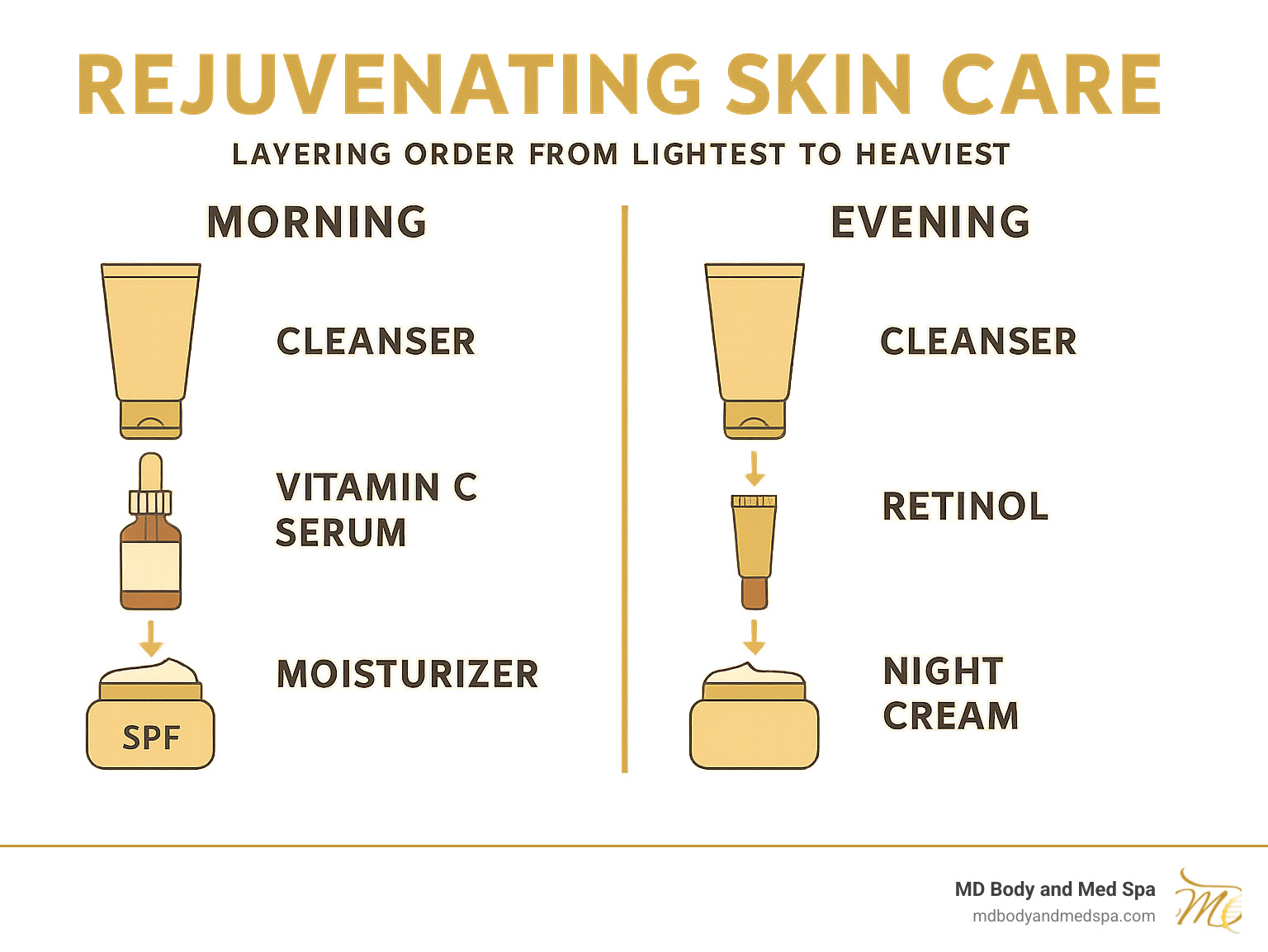 Infographic showing morning and evening skincare layering order from lightest to heaviest products, including cleanser, vitamin C serum, moisturizer and SPF for morning, and cleanser, retinol, and night cream for evening routine - rejuvenating skin care infographic 