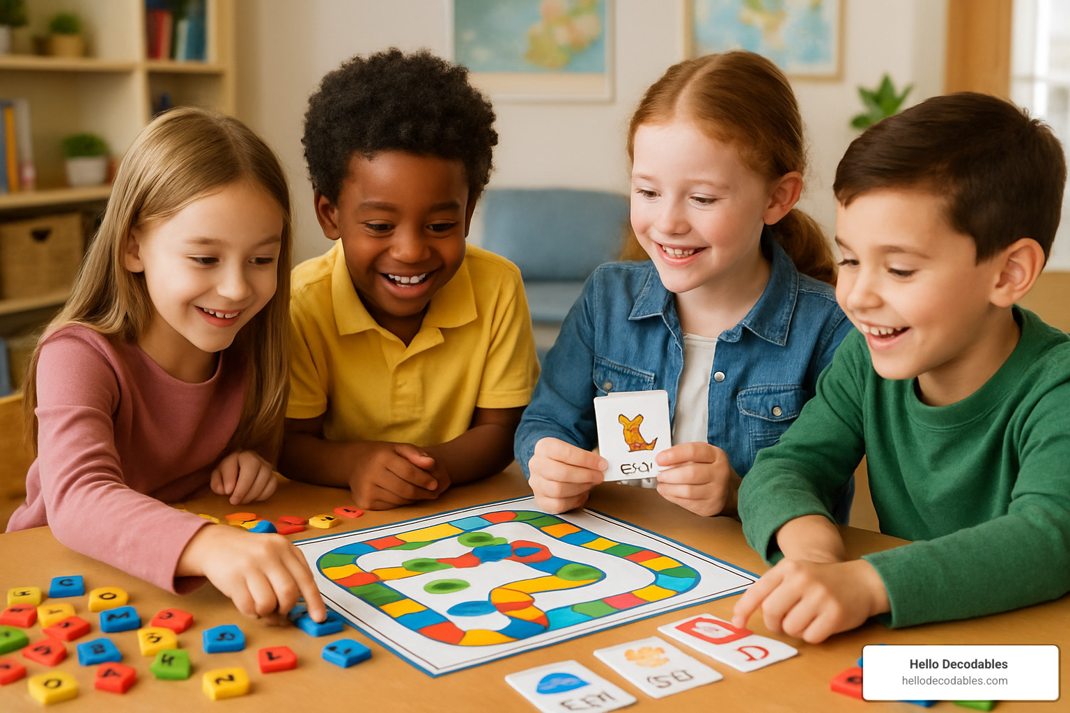 Children playing phonics board games with letter tiles and picture cards - learn to read phonics made easy