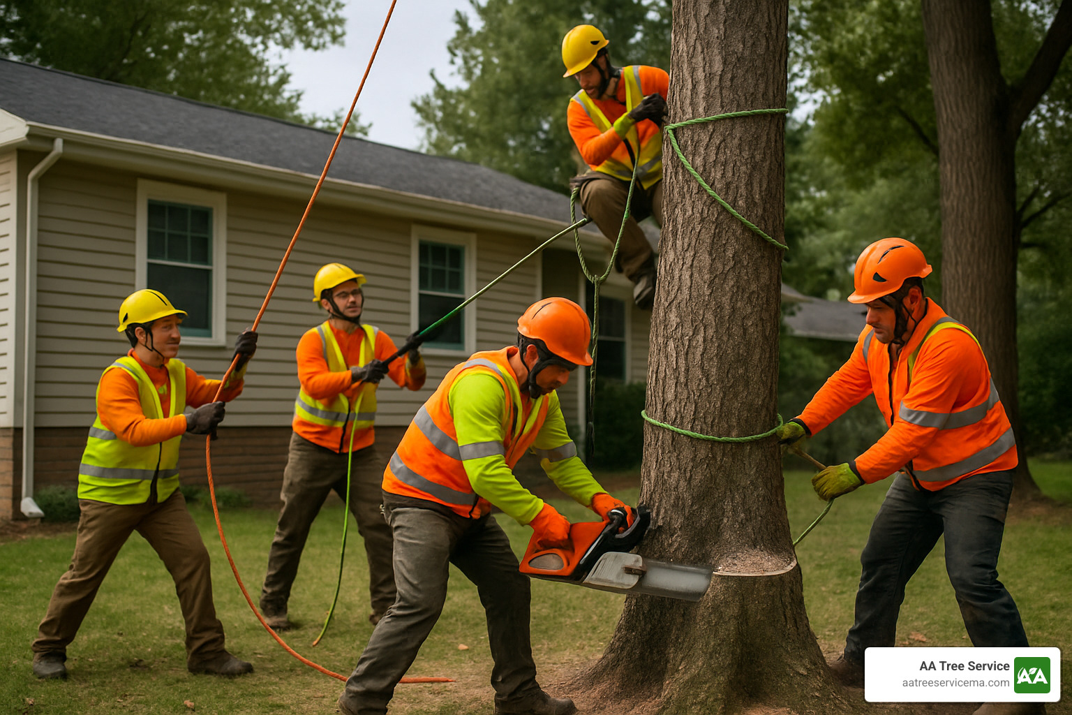 Professional crew demonstrating proper safety equipment and techniques during tree removal - local tree companies near me