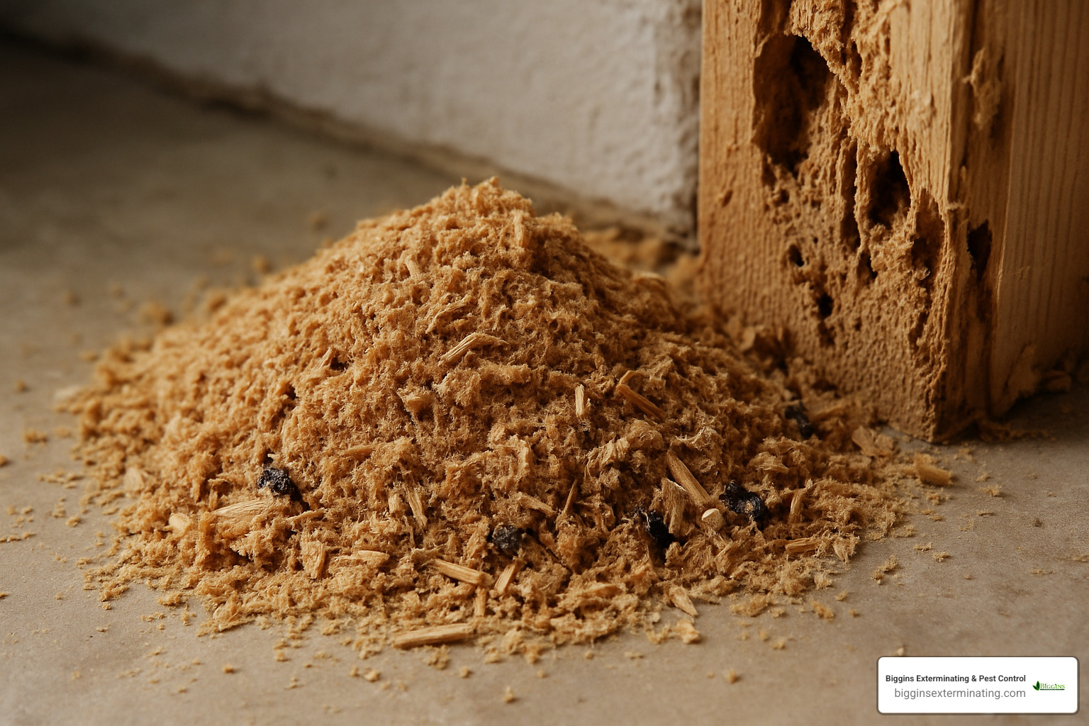 Pile of carpenter ant frass (sawdust-like debris) next to damaged wood - do carpenter ants have wings