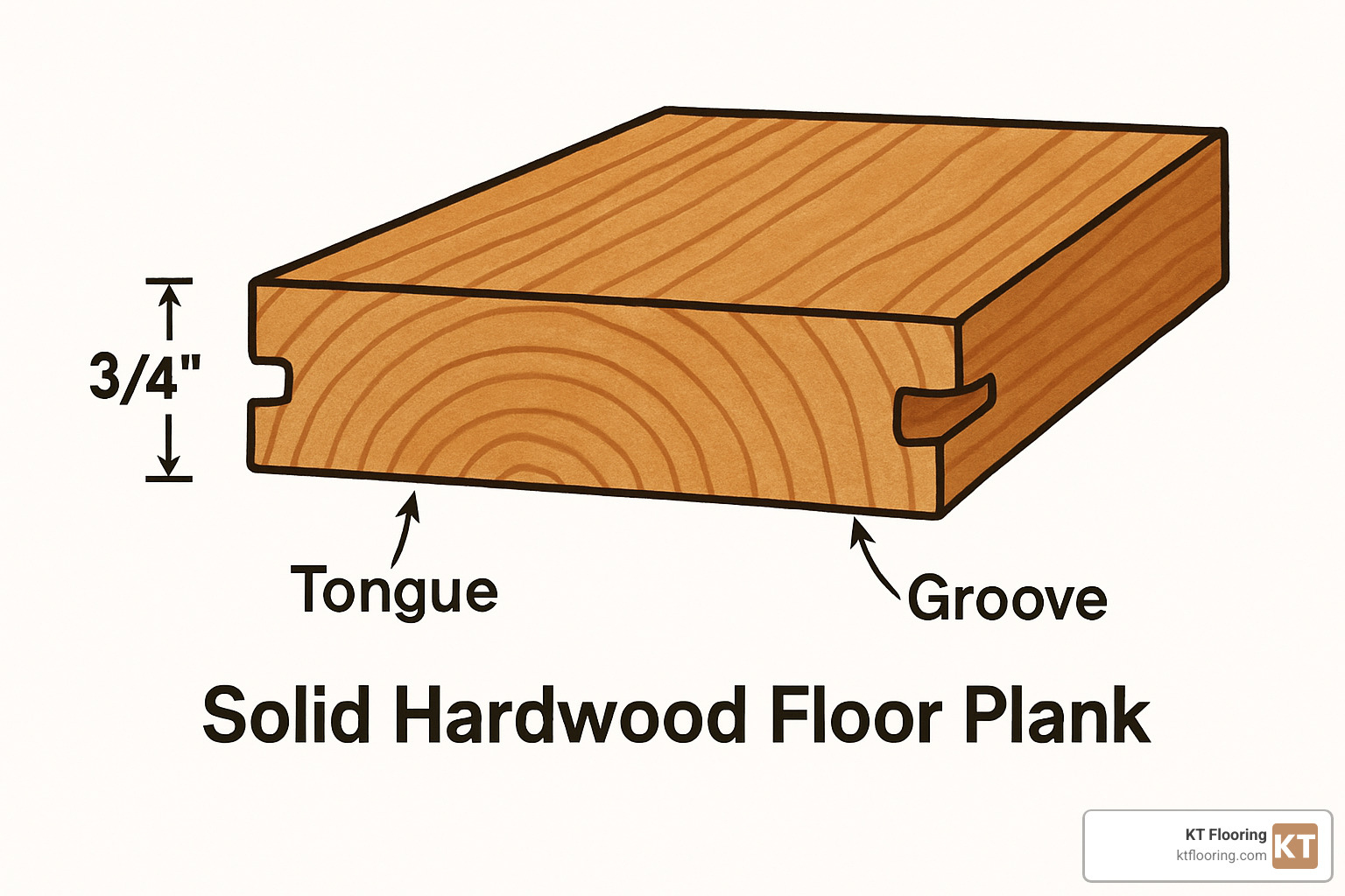 Cross-section of solid hardwood plank showing 3/4 inch thickness with tongue-and-groove edges - solid hardwood floor