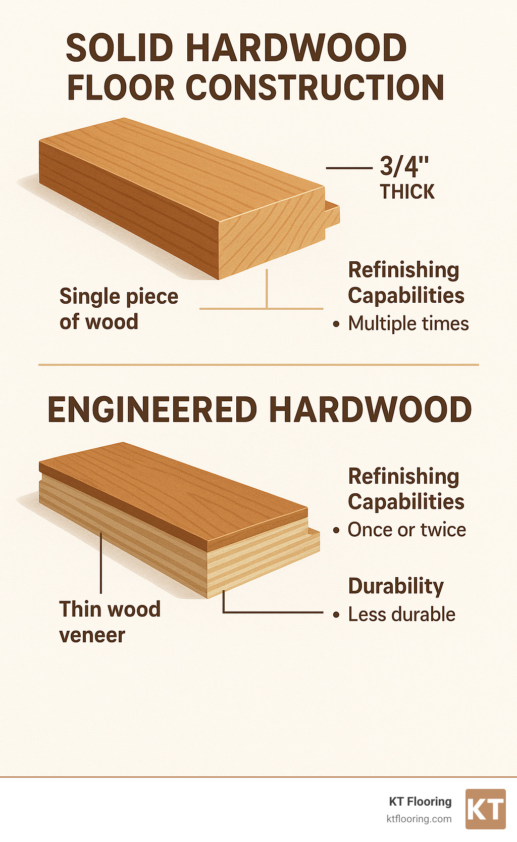 Infographic showing solid hardwood floor construction with single-piece wood plank at 3/4 inch thickness, tongue-and-groove edges, compared to engineered hardwood with multi-layer plywood core and thin wood veneer top layer, highlighting refinishing capabilities and durability differences - solid hardwood floor infographic