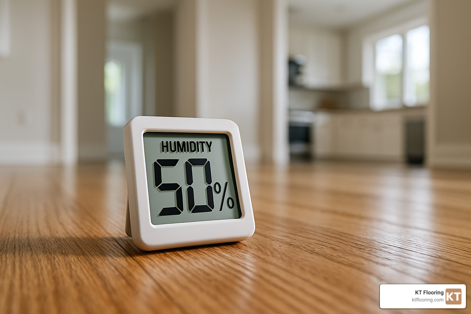 Hygrometer placed on hardwood floor showing humidity measurement - solid hardwood floor