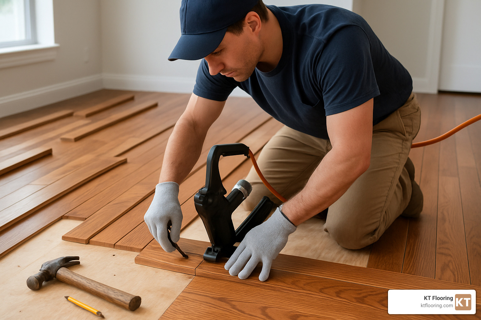 Solid hardwood floor installation showing nail-down method with tongue-and-groove planks - solid hardwood floor
