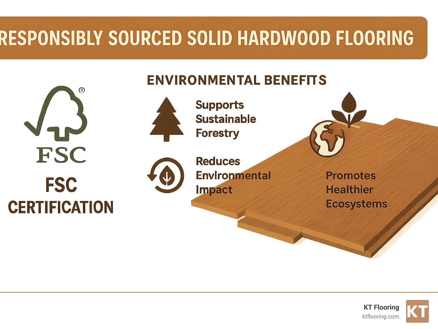 Infographic showing FSC certification logo and environmental benefits of responsibly sourced solid hardwood flooring - solid hardwood floor infographic