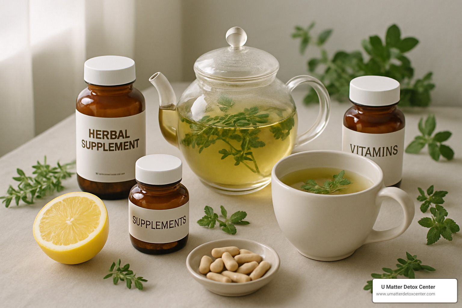 Herbal tea, supplements, and natural remedies arranged on a peaceful table setting - alcohol detox without medication